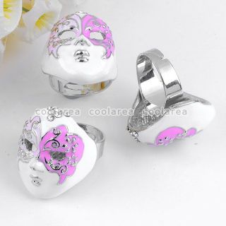 1pc Pink Enamel Cocktail Crystal Face Mask Flower Opera Ring