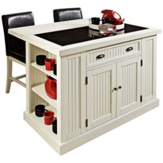 Nantucket Distressed White Kitchen Island with 2 Bar Stools   #W3203