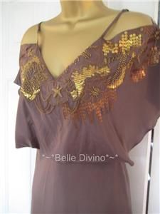 Karen Millen Sz 6 Brown Sequin Silk Off Shoulder Dress RRP £160