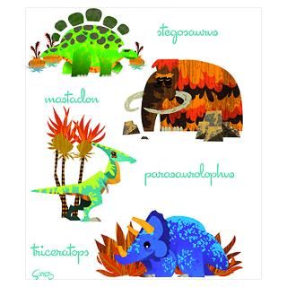 great poster for a boys room with four stylized dinosaurs.