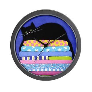 Black CAT On Quilts BLUE Art Wall Clock for $18.00