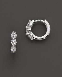 Small Diamond Three Stone Hoop Earrings in 14 Kt. White Gold, 0.75 ct