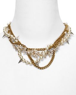 Fallon Multi Chain Pearl Crystal Spiked Necklace, 16
