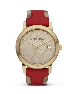 Burberry Haymarket Check and Red Leather Strap Watch, 38mm