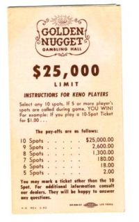 1962 Golden Nugget Gambling Hall Keno Instructions Book