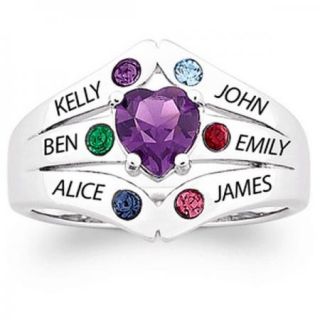 Sterling Silver Mothers Heart Name Birthstone Ring   Up to 6 Stones
