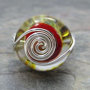 Firelily Lampwork Boro Glass Silver Wire Ring Size 10