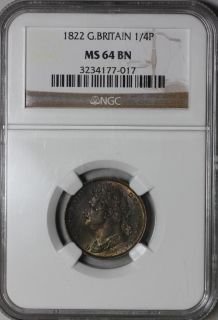 1822 NGC MS 64 Farthing King George IV Old US Money Great Britain