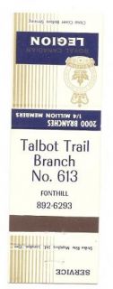 Legion Matchbook Cover Talbot Trail Fonthill Ontario Branch 613