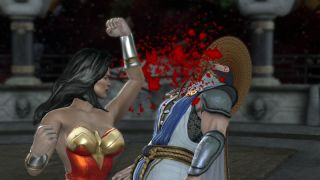 Wonder Woman knocking Raidens block off in Klose Kombat in Mortal
