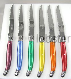 Laguiole France 6 Multicolor Steak Knife Knives Set Wood Block Holder