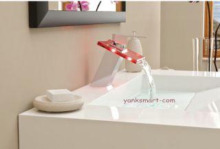 LED Waterfall Beautiful Bathroom Basin Sink Mixer Tap Galss Chrome