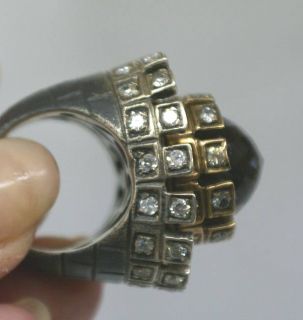 Monumental Turkish Hand Made Castle Style Ring Sterling Gold Smokey