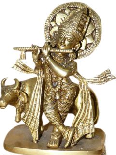 Krishna Brass Statue Hindu God Playing Flute Collectible Figurines Art