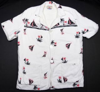 VINTAGE 60s W.A. DAEUBER TERRY CLOTH HAWAIIAN ALOHA MARLIN PRINT
