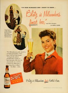 1949 Ad Blatz Beer Bottle La Verne Sunde Dress Designer   ORIGINAL