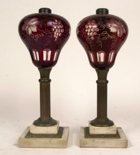 Pair of Antique Cut Ruby Sandwich Glass Oil Lamps Marble Brass
