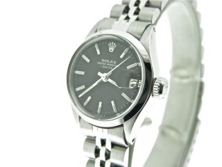 Ladies Rolex Stainless Steel Date Watch w Black Dial 6519
