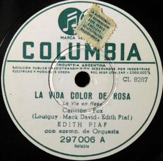 Edith Piaf La Vie En Rose RARE Argentina 78 RPM Record in Condition