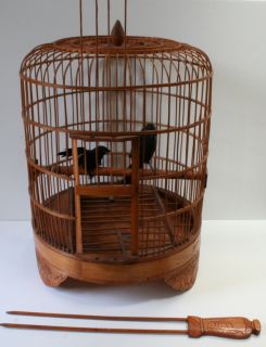 Vintage Large 20 Bamboo Wooden Bird Cage Carved Cranes and Fans