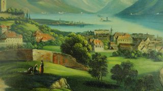 Antique Vevay Switzerland Birds Eye View Painting ~ Attrib Eduard