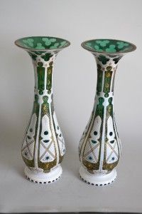 Large Pair of Green Moser Handpainted Overlayed Glass Vases