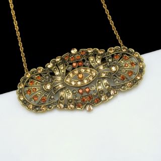Vintage Necklace Large Filigree Brooch Pin Pendant Topaz Rhinestones