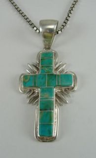 Sterling Silver Necklace Turquoise Cross Large Italy 20