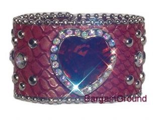 Red Heart Snake Leather Bling Rhinestone Cuff Bracelet