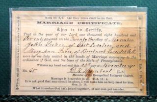 MARRIAGE CERTIFICATE CARD~LESHER east cocalicoFRIEES lancaster pa