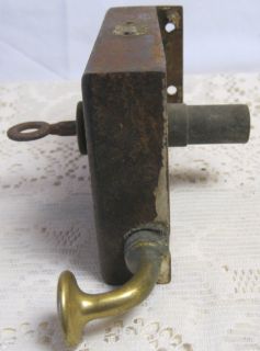 RARE Antique French Fontaine Iron Door Rim Lock Key Brass Pull Handle