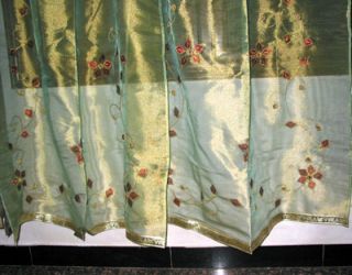 Green Sari Embroidered Sheer Curtain Mirror Work India Curtain Drape
