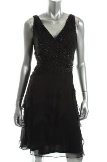 Ignite Eveings by Carol Lin New Black Jeweled Tiered Double V Evening