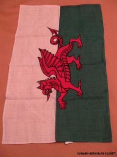 Vtg Irish Linen Tea Towel Wales Welsh Winged Dragon Flag UK Britian