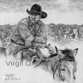 PENCIL DRAWING WESTERN OF A COWBOY AT THE STOCK TANKS, RANCH ART NEW