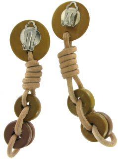 Vintage 1980s Brown Wood Long Dangle Clip Earrings