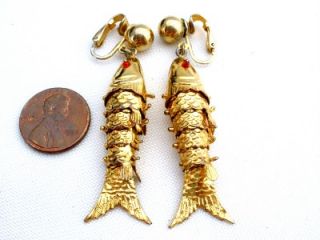 Signed Vogue Long Articulated Fish Clip Earrings Jlry Vogue Figural