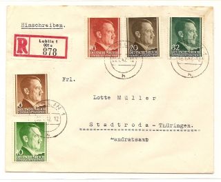 Poland Germany WWII Lublin Cover Hitler Stamps 1942
