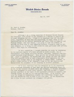 1948 US Senate Letter/Letterhead, Signed Letter, Senator Joe McCarthy