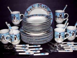 Heavy 8 Place Setting of Snowmen Serenade II 56 Holiday Dishes Meiwa