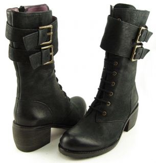 Luxury Rebel Lady Dee Black Lace Up Buckled Womens Motorcycle Boots 6