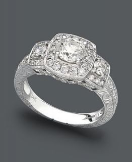 Diamond Ring, 14k White Gold Diamond Cushion Cut Three Stone Ring (1 3