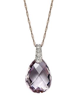 14k Rose Gold Necklace, Pink Amethyst and Diamond Accent Pear Brio