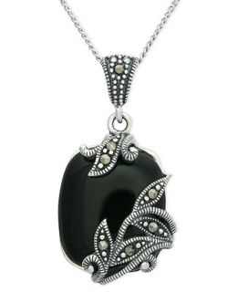 Silver Necklace, Onyx Cabochon (15 17mm) and Marcasite Square Pendant
