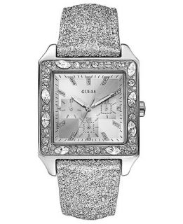 GUESS Watch, Womens Silver Tone Glitter Leather Strap 44x49mm U0049L1