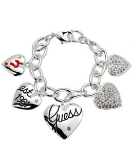 GUESS Bracelet, Silver Tone Five Heart Charm Bracelet