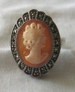Sterling Silver Ring w Marcasites Real Shell Cameo