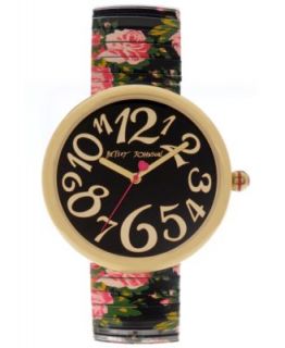 Betsey Johnson Watch, Womens Floral Printed Black Leather Strap 38mm