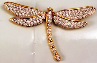 Signed Swarovski Large Gold Tone Crystal Dragonfly Pin Brooch