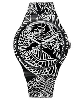 Swatch Watch, Unisex Swiss Draconem Black and White Graphic Silicone